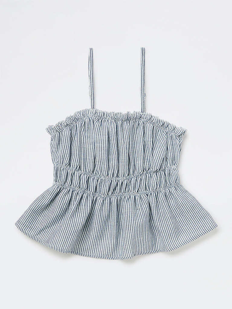 Girls Blue Striped Smocked Top