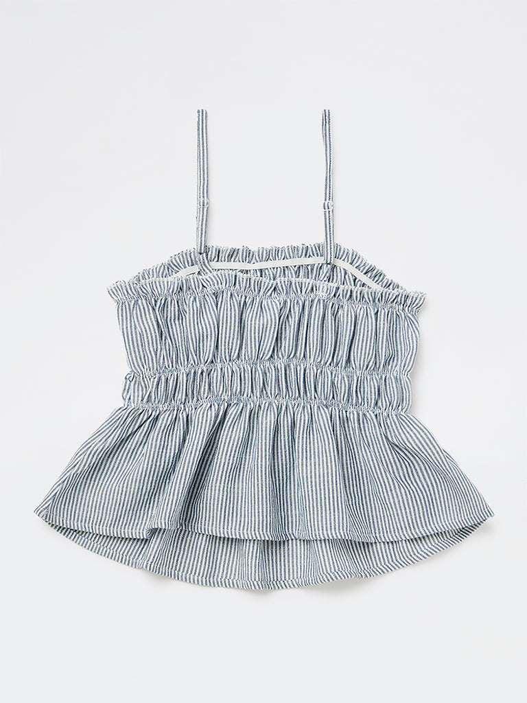 Girls Blue Striped Smocked Top