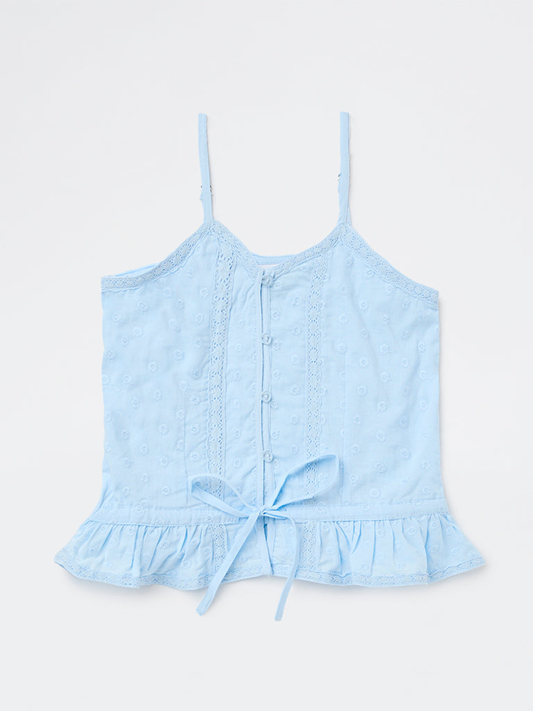 Girls Blue Embroidered Cotton Top