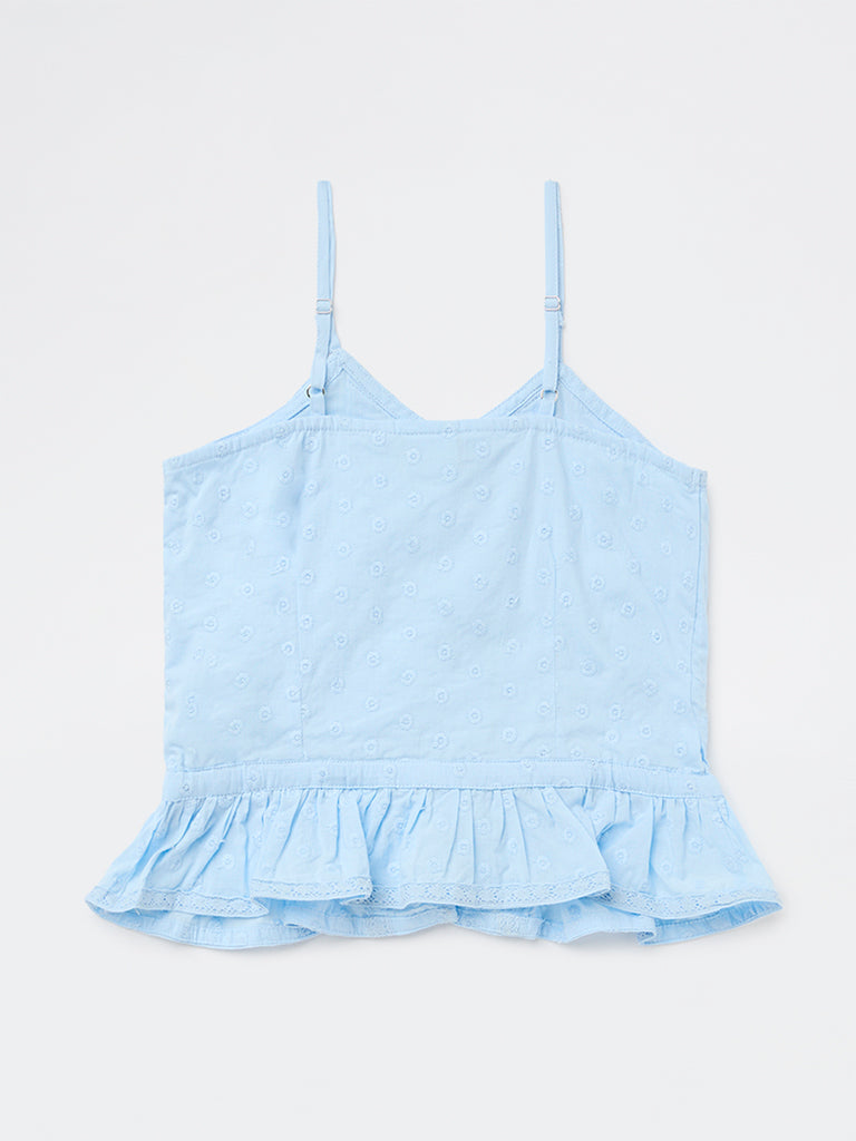 Girls Blue Embroidered Cotton Top