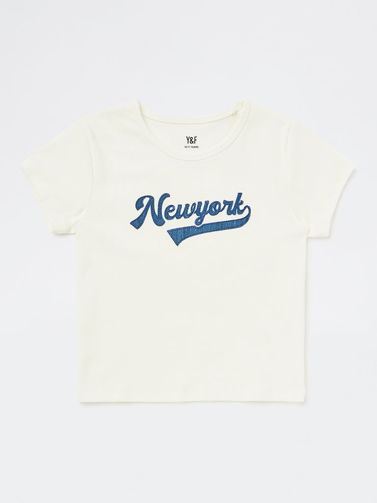 Girls White Text-Embroidered Cotton-Blend T-Shirt