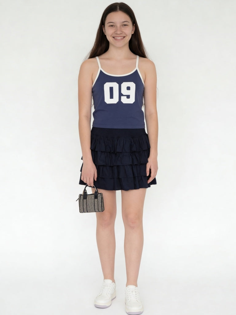 Girls Blue Numerical Printed Cotton-Blend Top