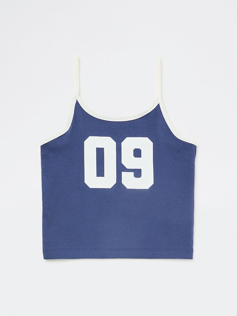 Girls Blue Numerical Printed Cotton-Blend Top
