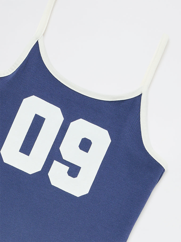 Girls Blue Numerical Printed Cotton-Blend Top