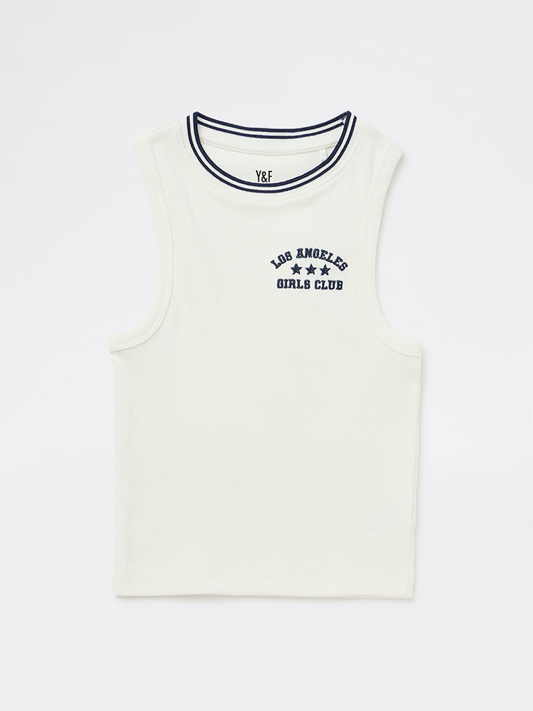Girls White Text Embroidered Cotton-Blend Top