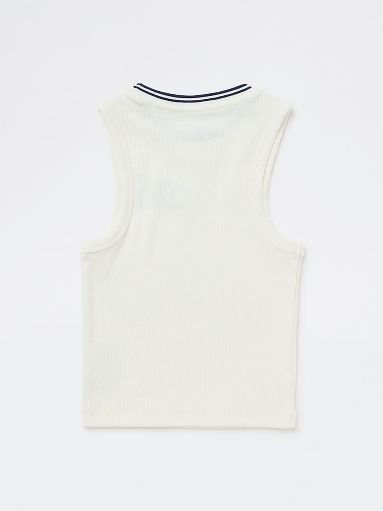 Girls White Text Embroidered Cotton-Blend Top
