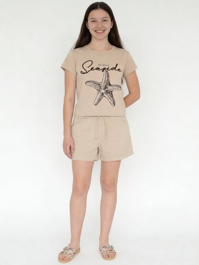 Girls Beige Printed Cotton-Blend T-Shirt