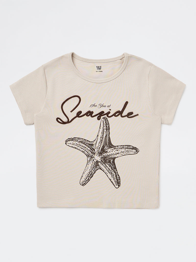 Girls Beige Printed Cotton-Blend T-Shirt