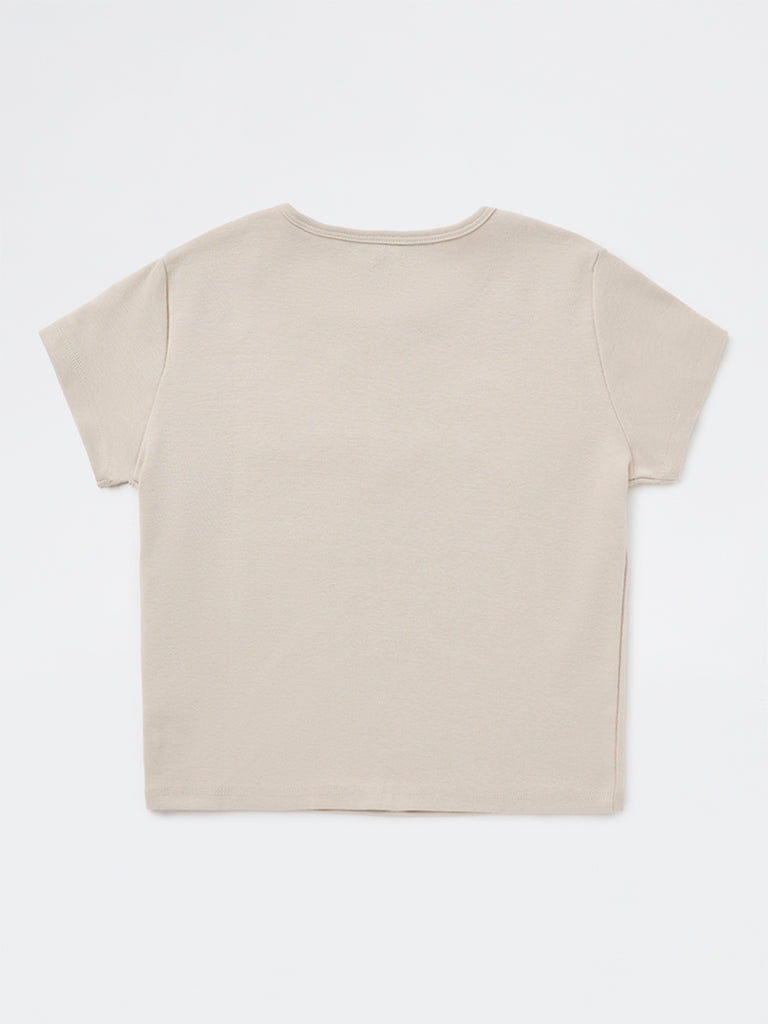 Girls Beige Printed Cotton-Blend T-Shirt