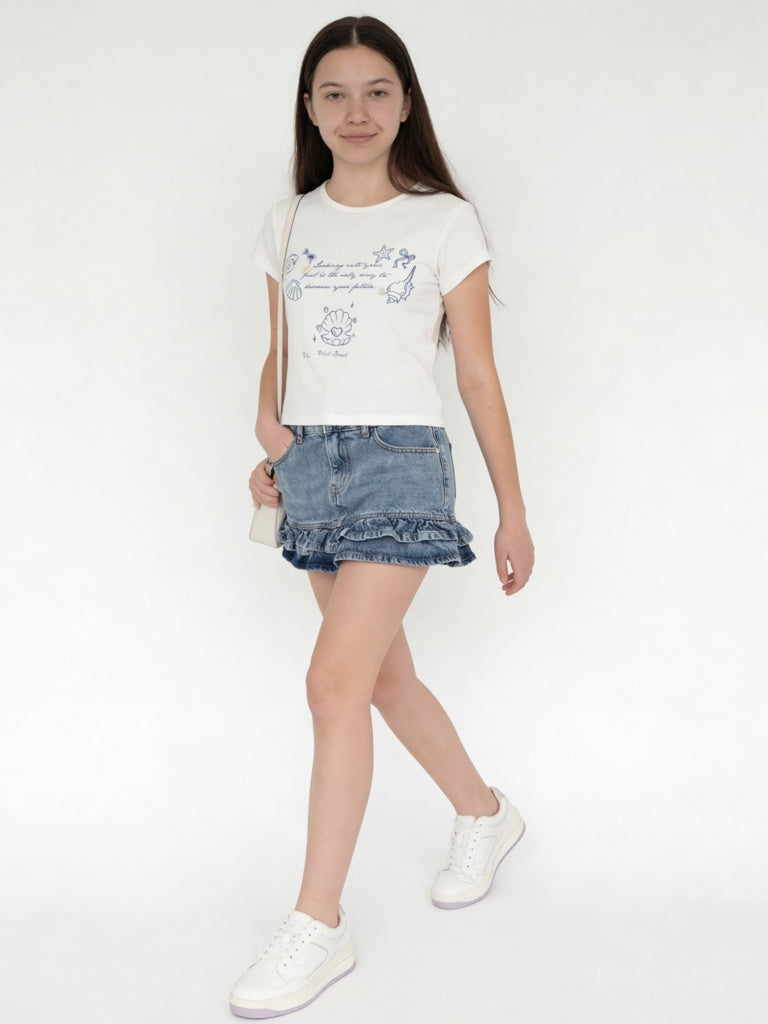 Girls White Printed Cotton-Blend T-Shirt