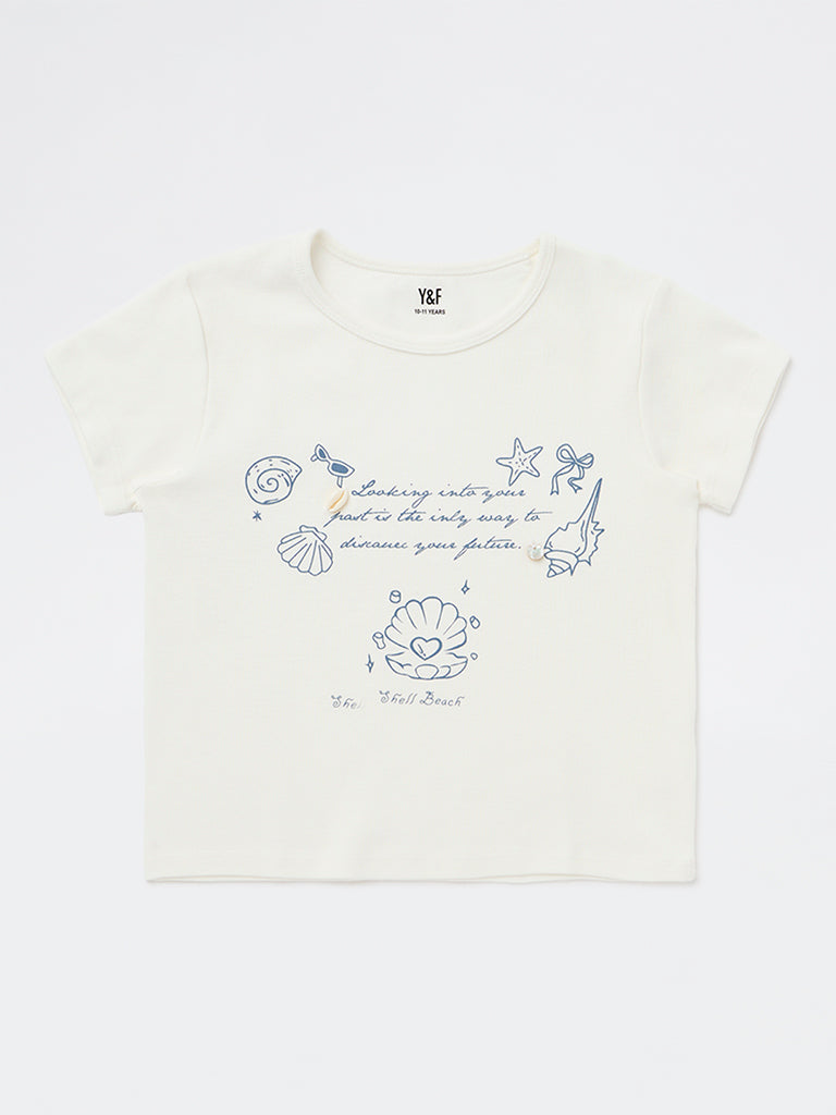 Girls White Printed Cotton-Blend T-Shirt