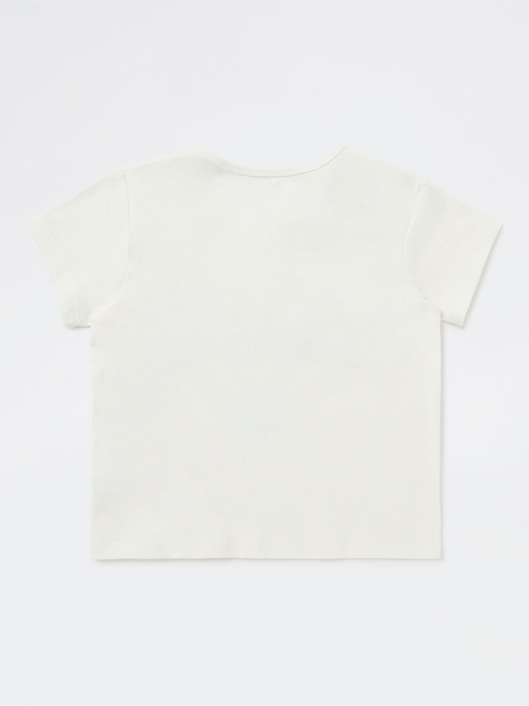 Girls White Printed Cotton-Blend T-Shirt