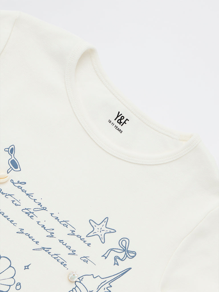 Girls White Printed Cotton-Blend T-Shirt