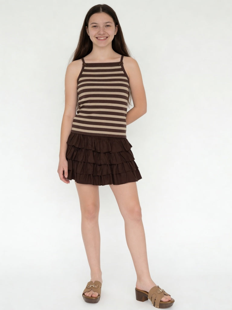 Girls Brown Striped Cotton-Blend Top