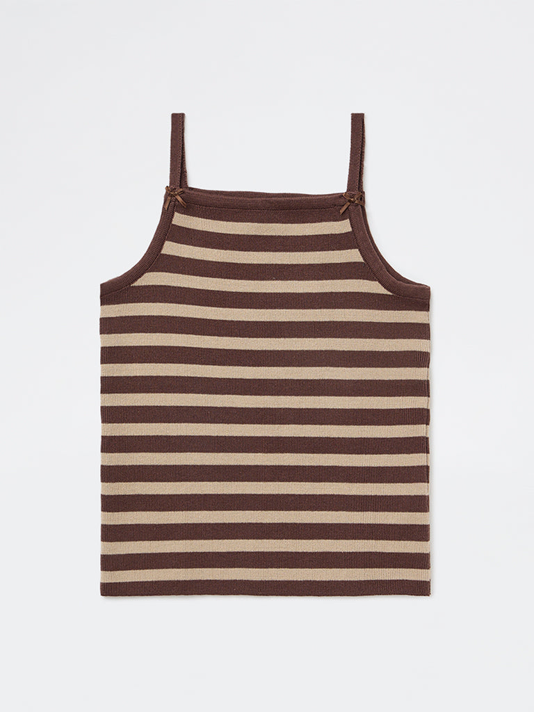 Girls Brown Striped Cotton-Blend Top