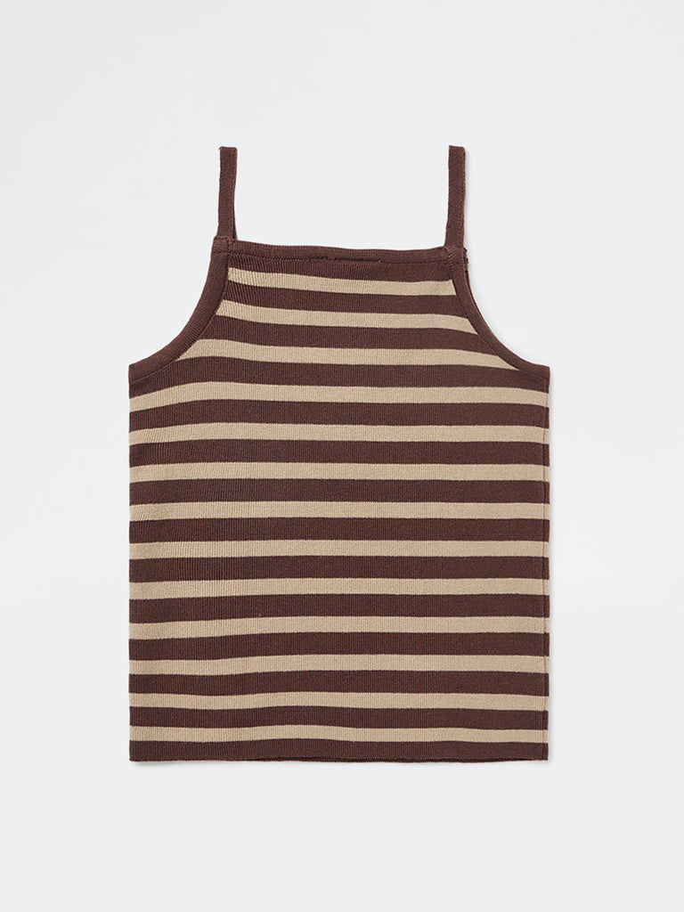 Girls Brown Striped Cotton-Blend Top