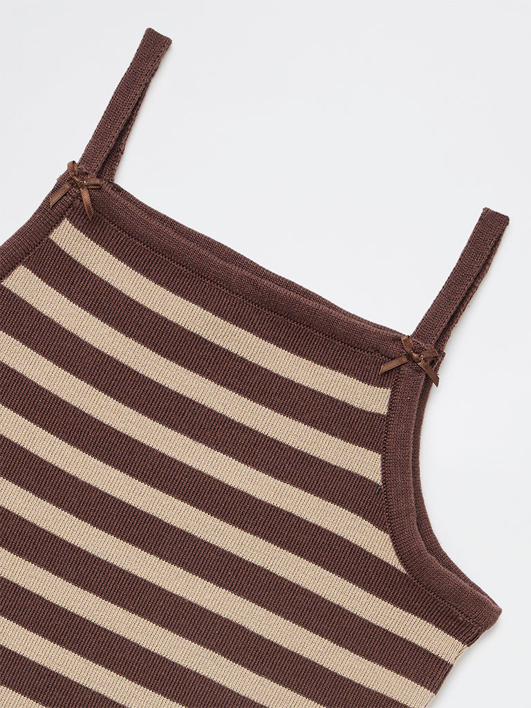 Girls Brown Striped Cotton-Blend Top
