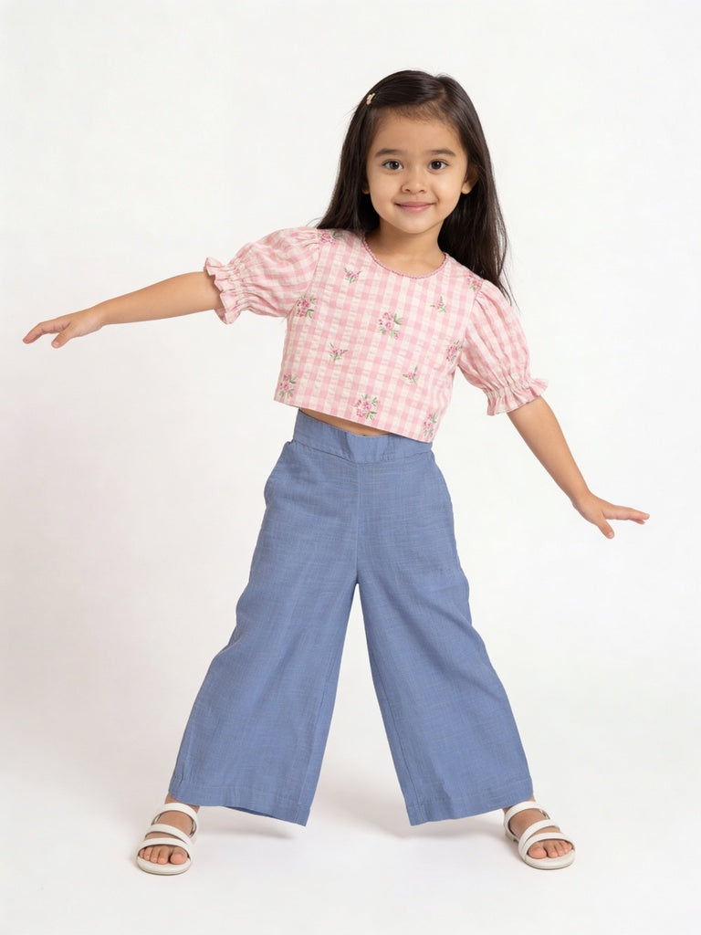 Utsa Kids Girls Blue Wide-Leg Cotton Culotte Pants - (2-8 yrs)