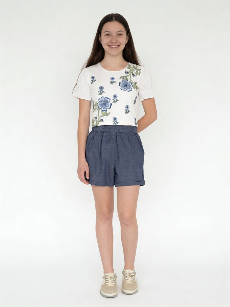 Utsa Kids Girls Blue Solid Cotton Shorts - (8-14 yrs)