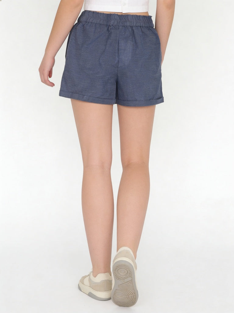 Utsa Kids Girls Blue Solid Cotton Shorts - (8-14 yrs)