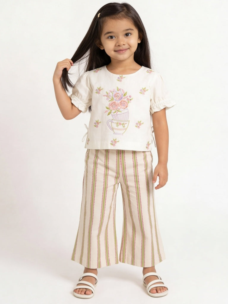Utsa Kids Girls Off-White Striped High-Rise Cotton-Blend Pants - (2-8 yrs)