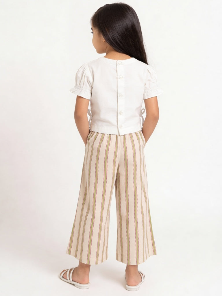 Utsa Kids Girls Off-White Striped High-Rise Cotton-Blend Pants - (2-8 yrs)