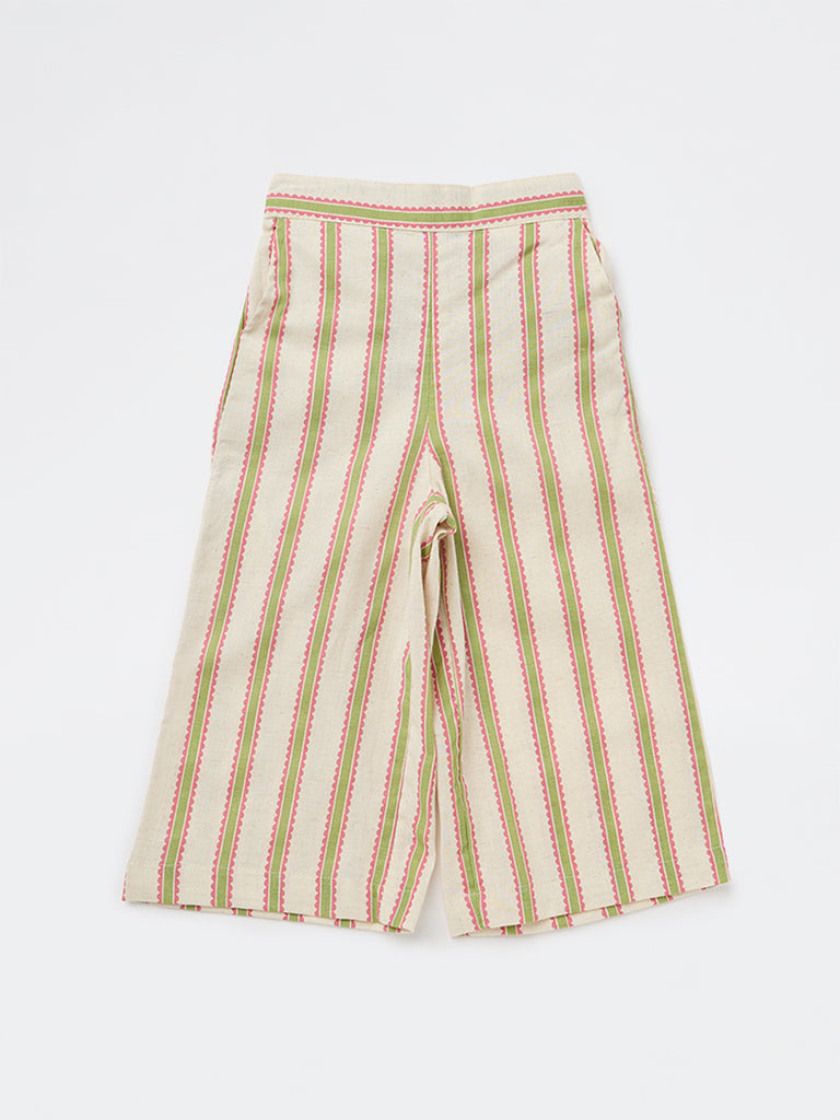 Utsa Kids Girls Off-White Striped High-Rise Cotton-Blend Pants - (2-8 yrs)