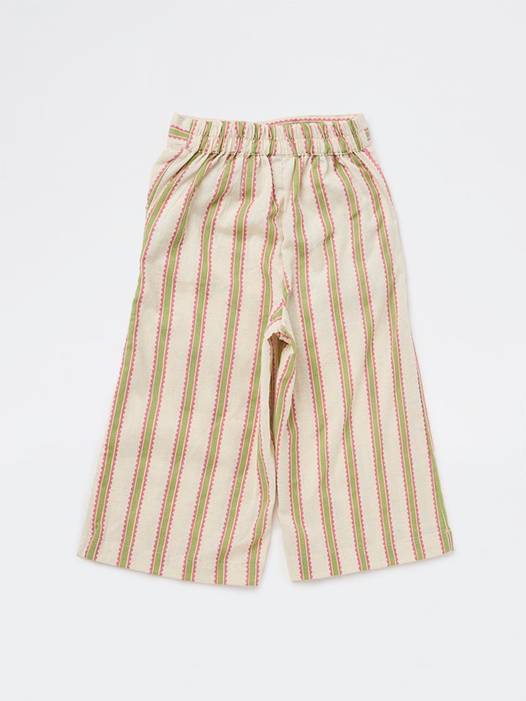 Utsa Kids Girls Off-White Striped High-Rise Cotton-Blend Pants - (2-8 yrs)