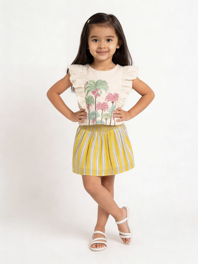Utsa Kids Girls Yellow Striped Cotton Flared Skirt - (2-8 yrs)
