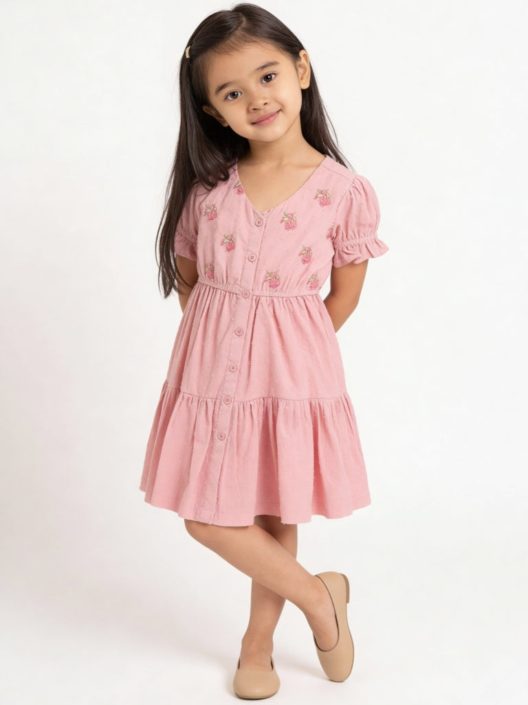 Utsa Kids Girls Pink Embroidered Cotton-Blend Tiered Dress - (2-8 yrs)