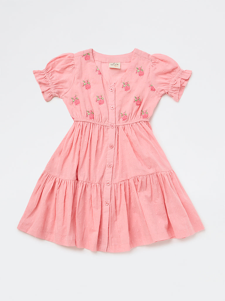 Utsa Kids Girls Pink Embroidered Cotton-Blend Tiered Dress - (2-8 yrs)