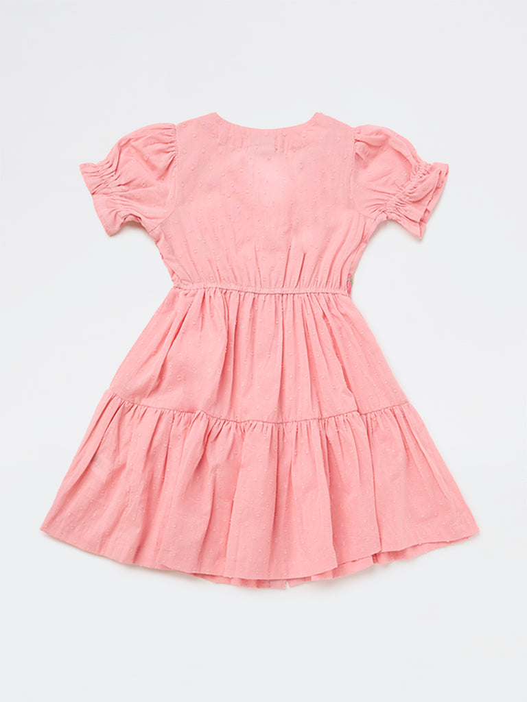 Utsa Kids Girls Pink Embroidered Cotton-Blend Tiered Dress - (2-8 yrs)