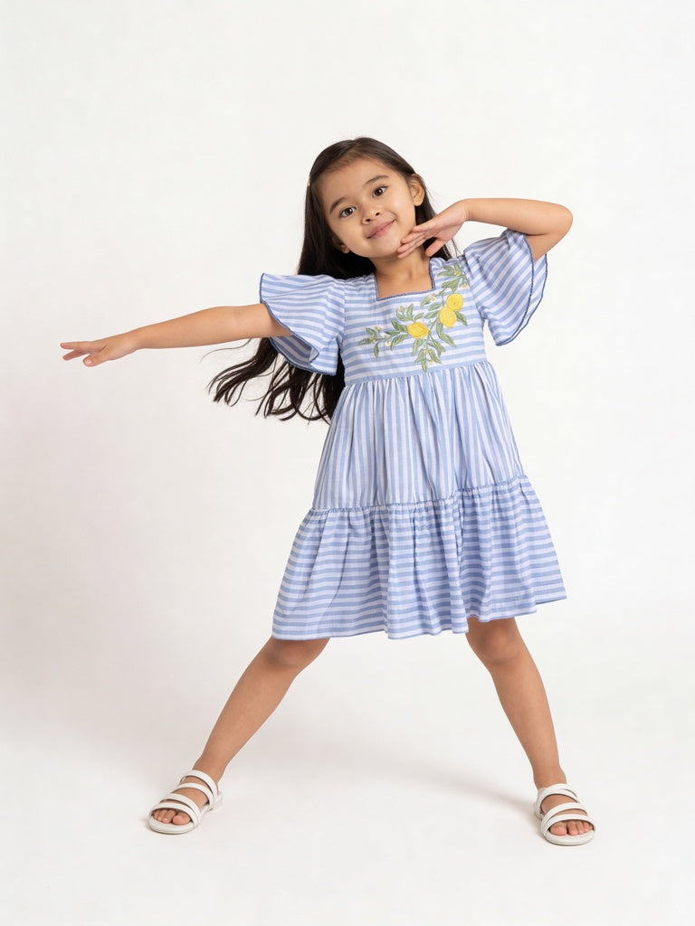 Utsa Kids Girls Blue Embroidered Tiered Cotton Dress - (2-8 yrs)