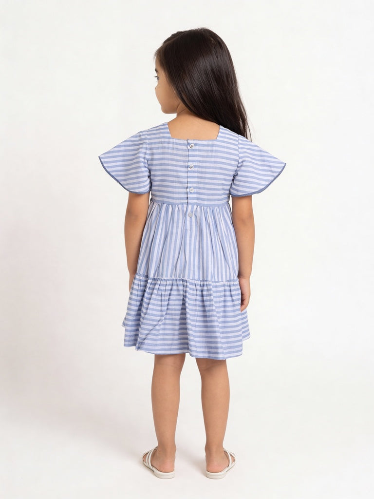 Utsa Kids Girls Blue Embroidered Tiered Cotton Dress - (2-8 yrs)