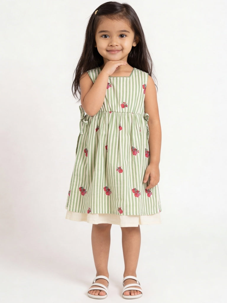 Utsa Kids Girls Green Striped Cotton A-Line Dress - ( 2-8 yrs )