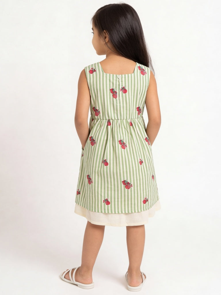 Utsa Kids Girls Green Striped Cotton A-Line Dress - ( 2-8 yrs )
