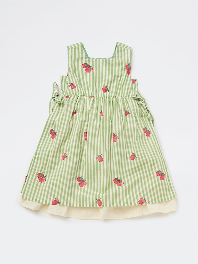 Utsa Kids Girls Green Striped Cotton A-Line Dress - ( 2-8 yrs )