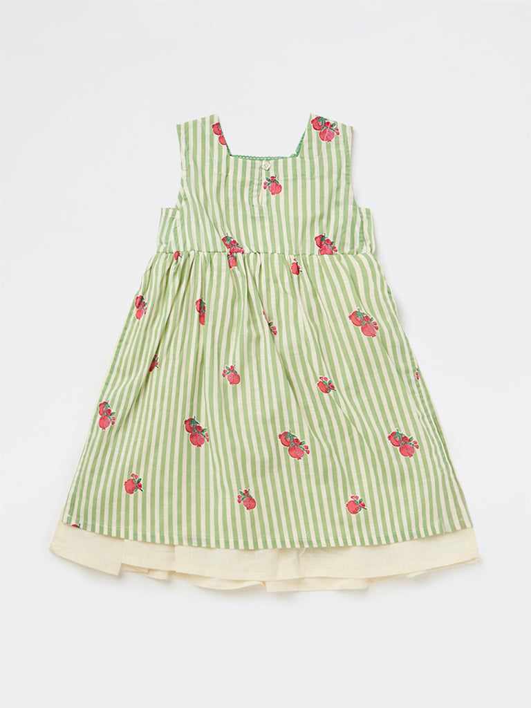 Utsa Kids Girls Green Striped Cotton A-Line Dress - ( 2-8 yrs )