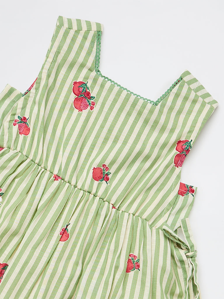 Utsa Kids Girls Green Striped Cotton A-Line Dress - ( 2-8 yrs )