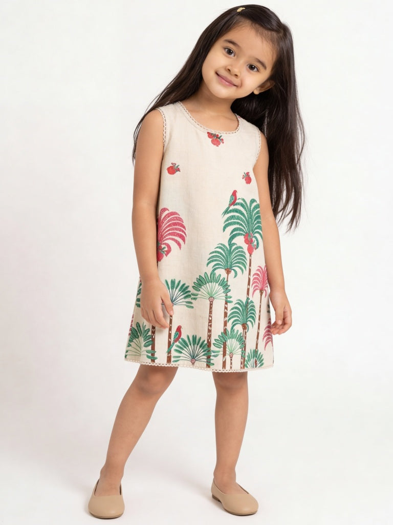 Utsa Kids Girls Off-White Nature-Inspired Cotton-Blend A-Line Dress - ( 2-8 yrs)