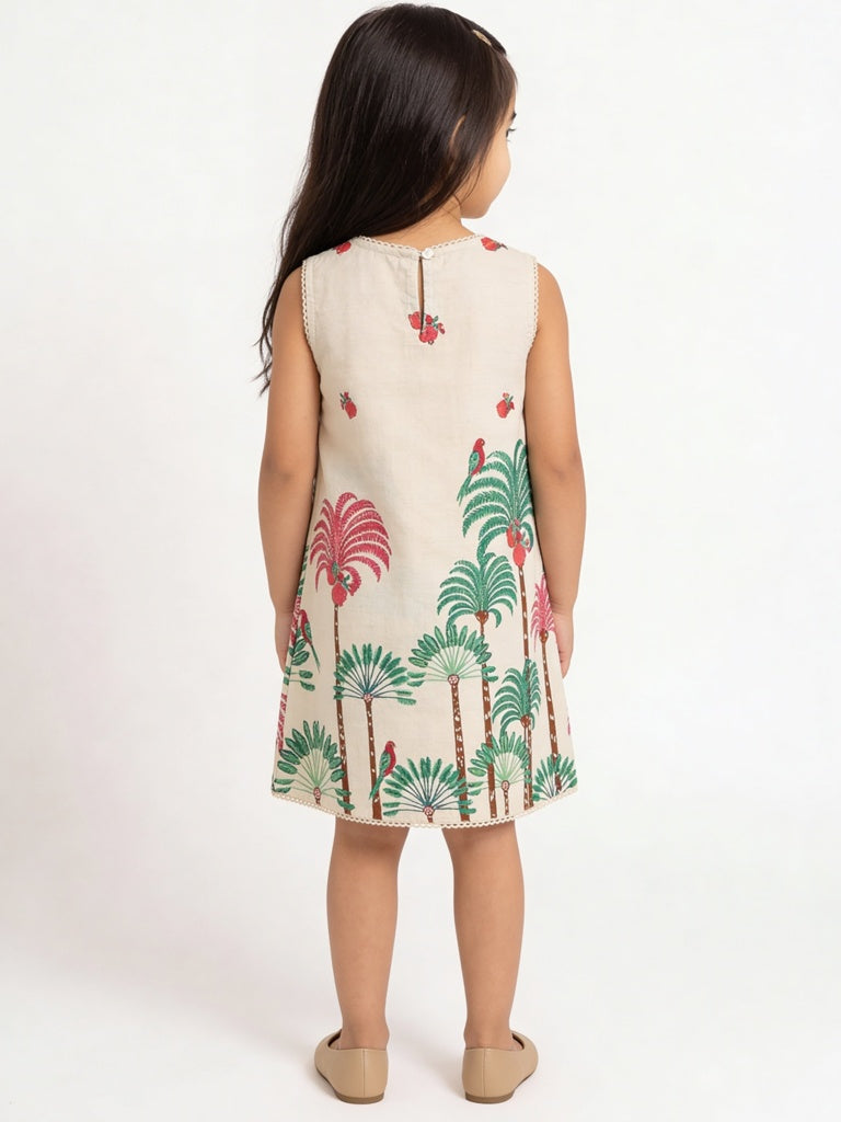 Utsa Kids Girls Off-White Nature-Inspired Cotton-Blend A-Line Dress - ( 2-8 yrs)