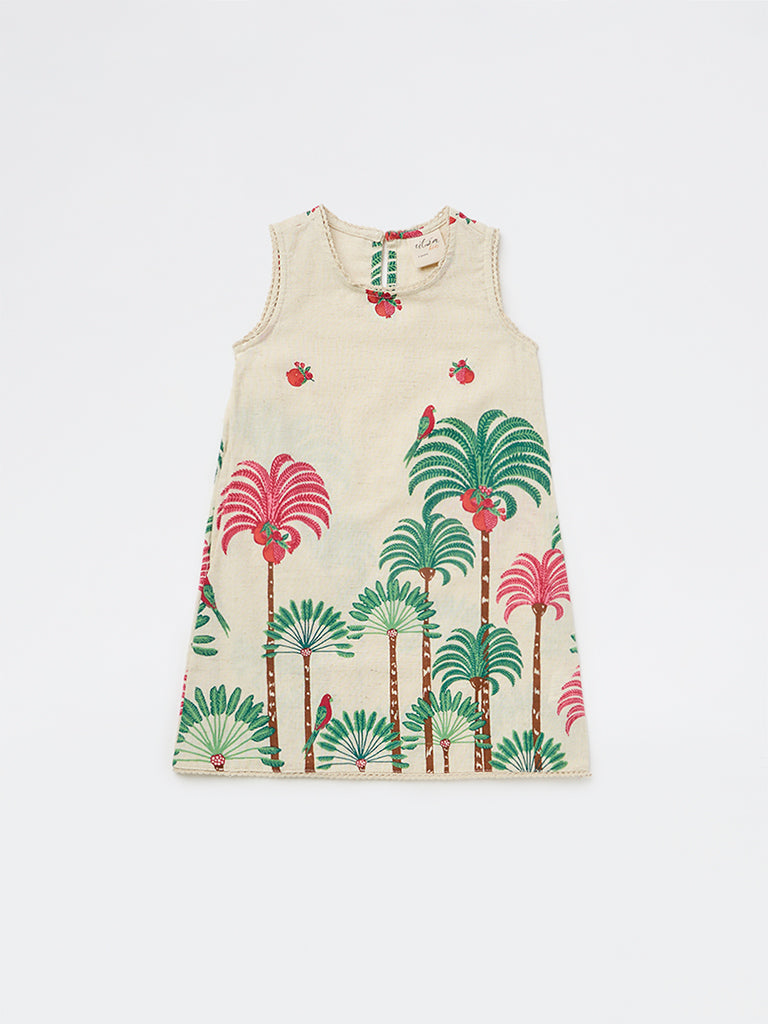 Utsa Kids Girls Off-White Nature-Inspired Cotton-Blend A-Line Dress - ( 2-8 yrs)