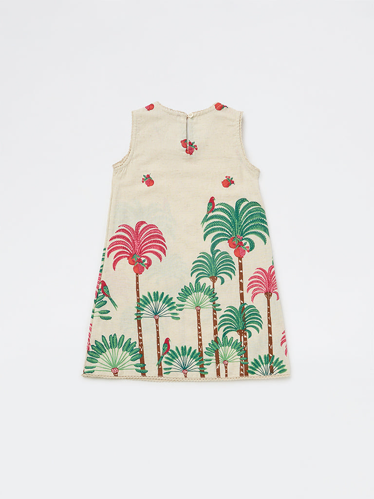 Utsa Kids Girls Off-White Nature-Inspired Cotton-Blend A-Line Dress - ( 2-8 yrs)