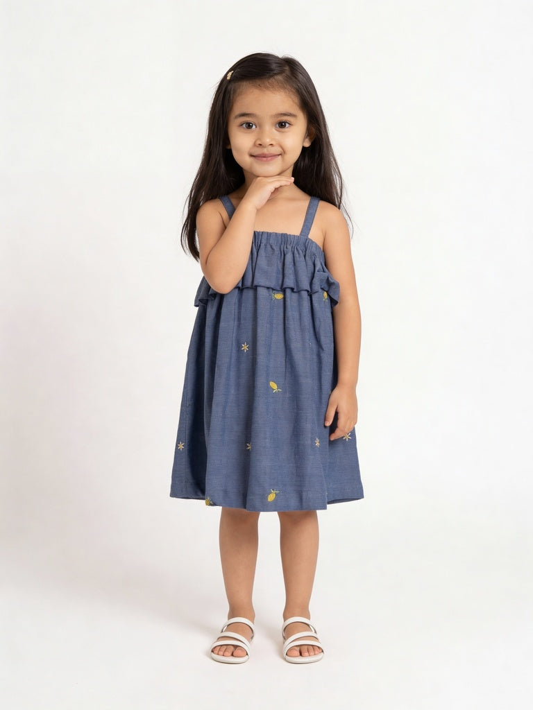 Utsa Kids Girls Blue Embroidered Cotton Dress - (2-8 yrs)