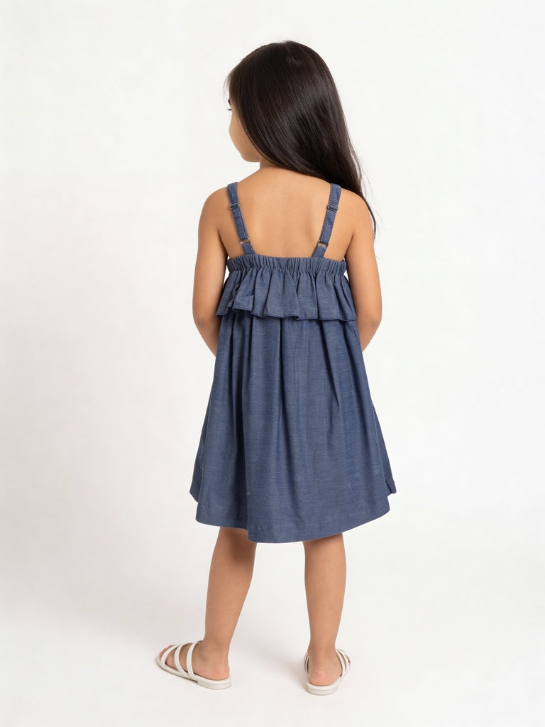 Utsa Kids Girls Blue Embroidered Cotton Dress - (2-8 yrs)