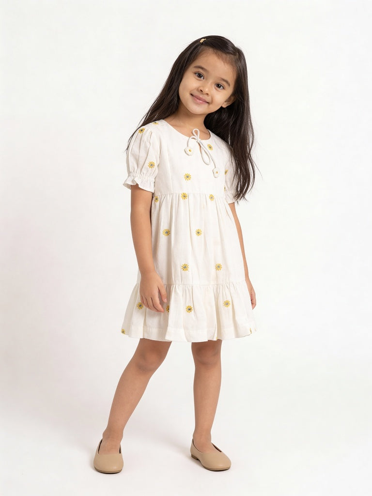 Utsa Kids Girls White Floral Embroidered Cotton-Blend Dress - (2-8 yrs)