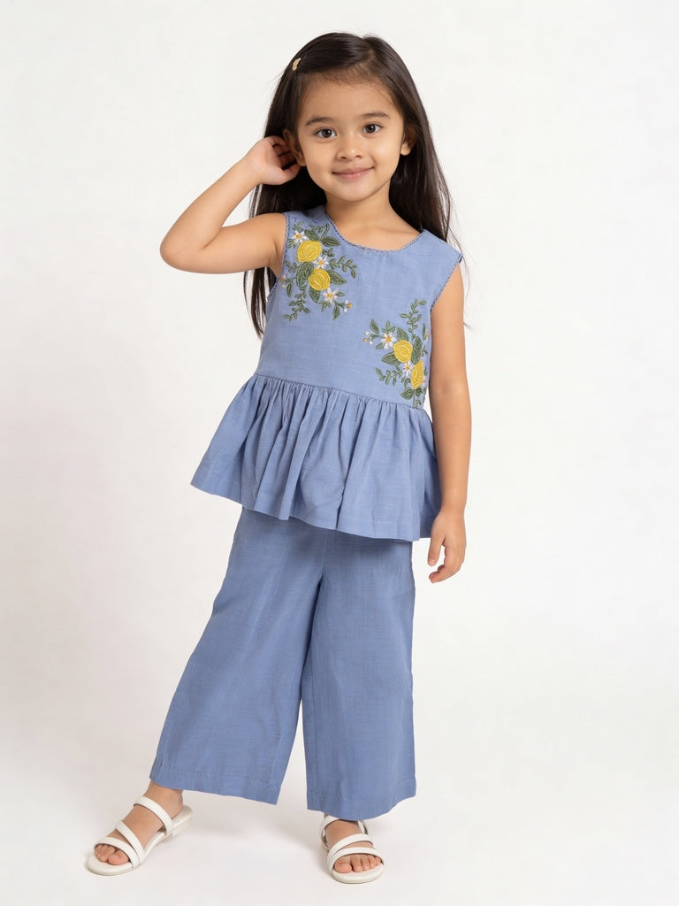 Utsa Kids Girls Blue Embroidered Cotton Peplum Top - (2-8 yrs)
