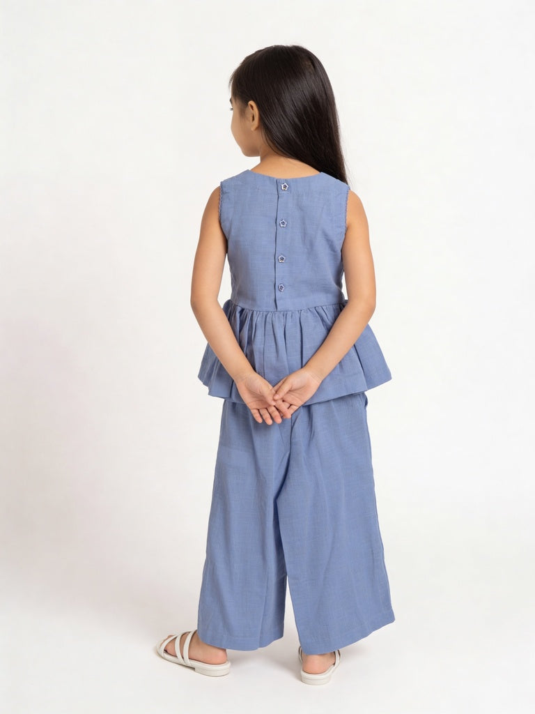 Utsa Kids Girls Blue Embroidered Cotton Peplum Top - (2-8 yrs)