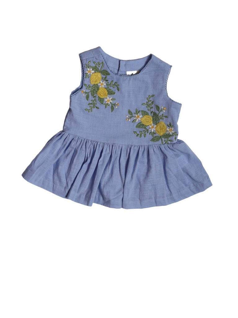 Utsa Kids Girls Blue Embroidered Cotton Peplum Top - (2-8 yrs)