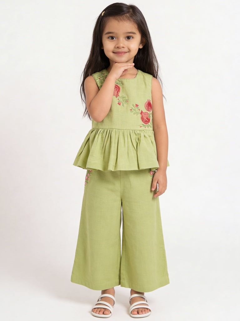 Utsa Kids Girls Light Green Embroidered Cotton Peplum Top - ( 2-8 yrs )
